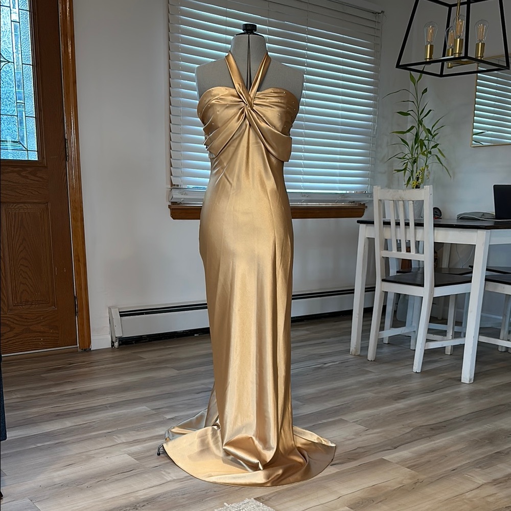 Elegant Gold Halter Gown
